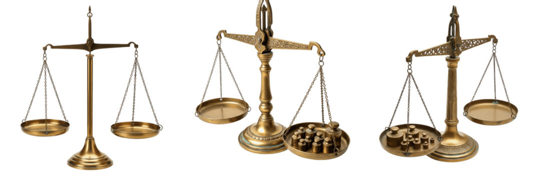 Set of vintage brass scales of justice and antique gold weighing balance with weights isolated on white transparent png background