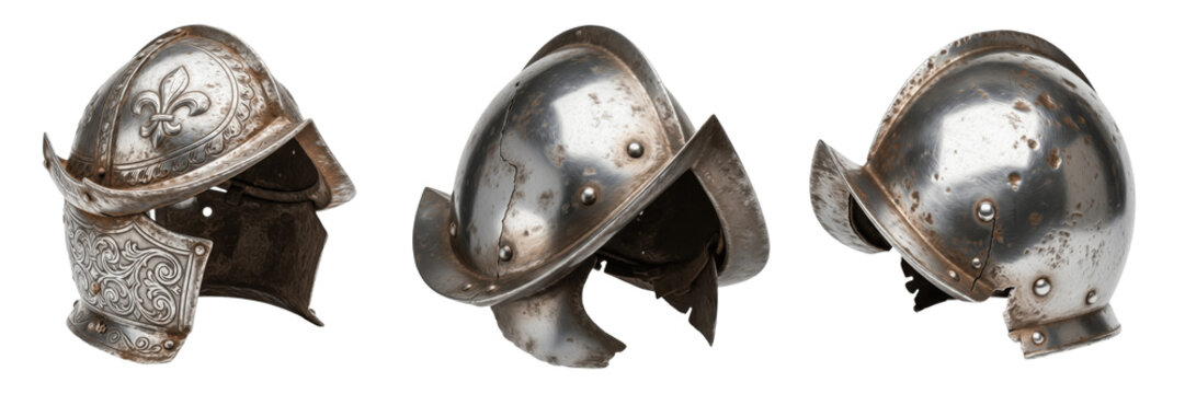 Set of antique Spanish conquistador morion helmets with fleur-de-lis engravings and weathered steel texture isolated on white transparent png background