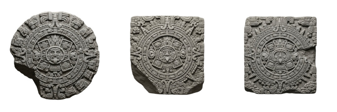 Collection of ancient Mayan sun stone calendars with intricate hand-carved Aztec symbols and weathered rock texture isolated on white transparent png background
