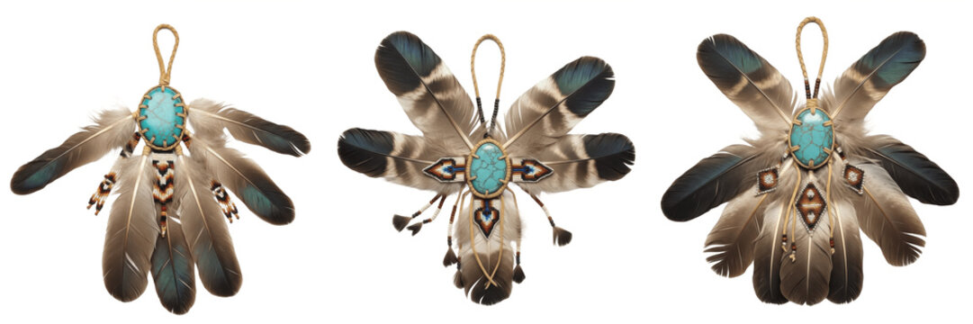 Set of Native American feather pendants with turquoise stones and tribal beadwork isolated on white transparent png background