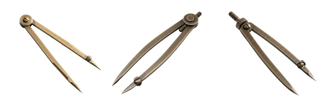 Set of vintage brass drawing compass tools and divider calipers for geometry and architecture isolated on white transparent png background