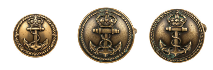Set of vintage nautical brass buttons with royal navy anchor and crown emblem collection isolated on white transparent png background © wonderfull