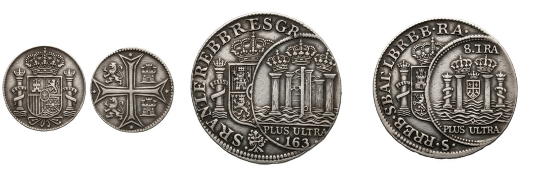 Set of antique Spanish silver coins and vintage colonial pieces of eight collection isolated on white transparent png background
