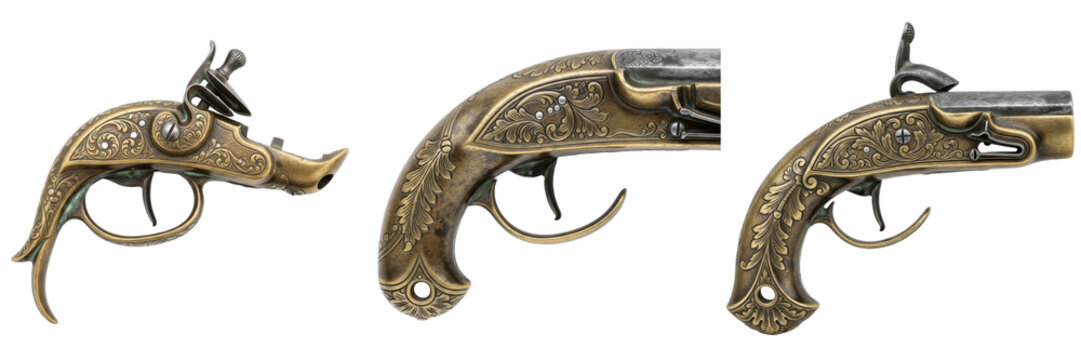 Set of antique brass flintlock pocket pistols and vintage ornate derringer handgun collection isolated on white transparent png background