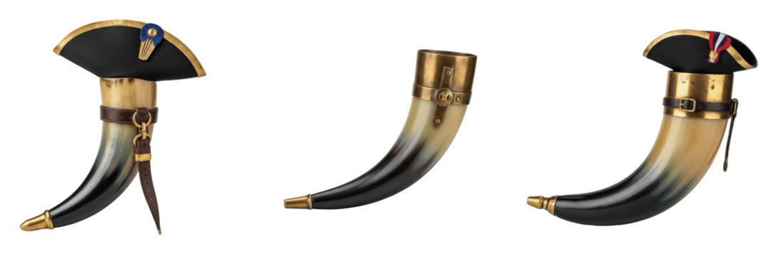 Set of antique gunpowder horns with Napoleon bicorne hat lids and brass fittings collection isolated on white transparent png background