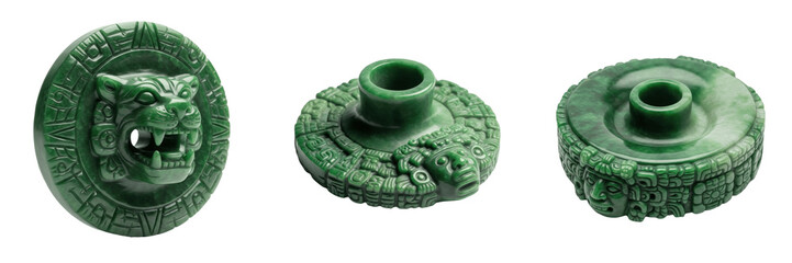 Set of ancient Mayan jaguar jade stone artifacts and carved relics isolated on white transparent png background © wonderfull