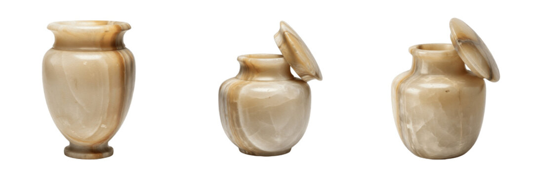 Set of ancient marble jars and stone alabaster vases collection isolated on white transparent png background