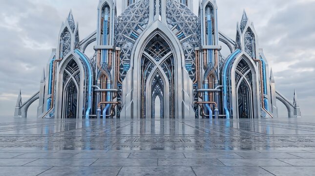 Futuristic supercomputer temple with blue and silver architecture on wet stone ground under cloudy sky