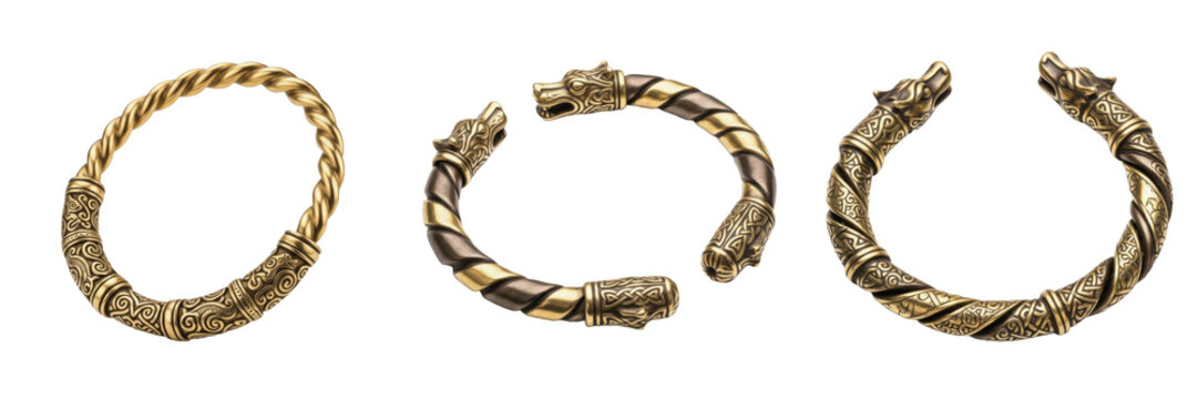 Set of ancient Viking torc bracelets and Norse dragon head brass arm ring collection isolated on white transparent png background