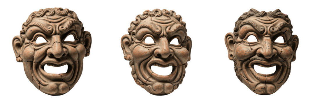 Set of ancient Greek theater masks and terracotta comedy drama sculptures isolated on white transparent png background