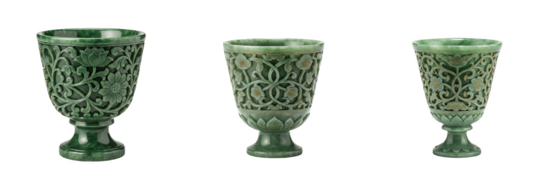 Set of antique green jade goblets with ornate floral filigree carvings isolated on white transparent png background