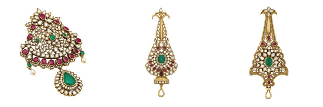 Set of royal indian kundan jewelry pendants with emerald and ruby gemstones isolated on white transparent png background