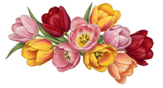 A cluster of vibrant tulips in various shades of pink red and yellow with green stems and leaves against a stark white backdrop