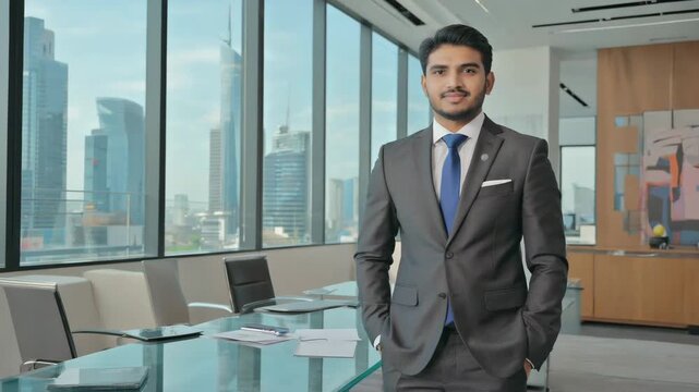 Executive maintains professional pose while camera slowly pushes in and ambient office activity subtle in background