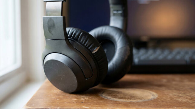 Close-up over-ear headphones resting on desk, earcup with natural wear, stray hair caught in seam