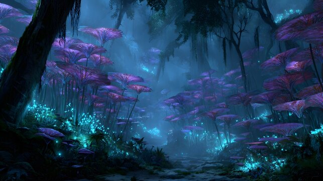 A mystical forest with purple and blue glowing plants and trees in a dark and serene environment