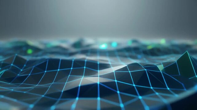 Abstract 3D geometric landscape composed of linked polygons with glowing lines, with blurred colorful highlights