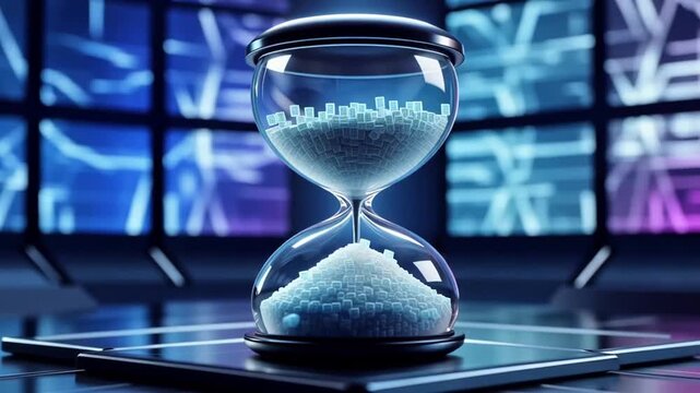 A stylized hourglass filled with blocky cubes, set against a blurred, digital background