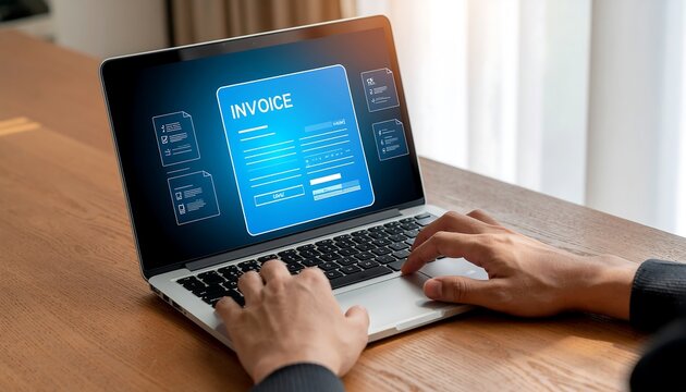 Person Creating Invoice on Laptop Computer.