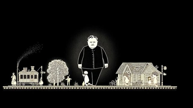 Whimsical Cartoon Train Illustration With Surreal Elements and Fantasy Characters on Black Background