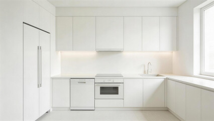 Fototapeta premium A bright, minimalist white kitchen with modern cabinets, integrated appliances, and clean lines. Features ample storage, sleek countertop, and natural light from a window.
