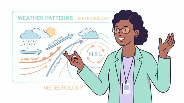 Meteorologist explains weather patterns and atmospheric science with diagrams showing fronts and pressure systems