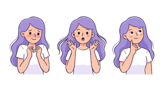 Captivating vector art collection featuring a young woman expressing surprise, deep thought, and heartfelt gratitude. Ideal for designs needing a relatable human touch
