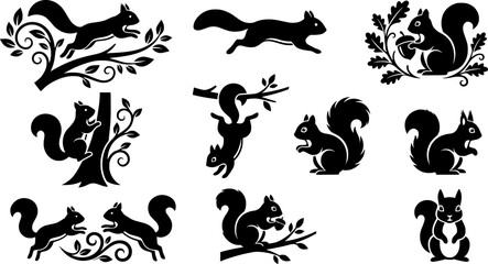 Obraz premium Dynamic Running Squirrel Silhouette Vector Set with Multiple Action Poses and Decorative Elements 