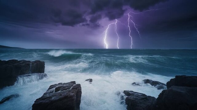 A dramatic ocean scene shows a lightning bolt illuminating a stormy sky with waves crashing on rocks