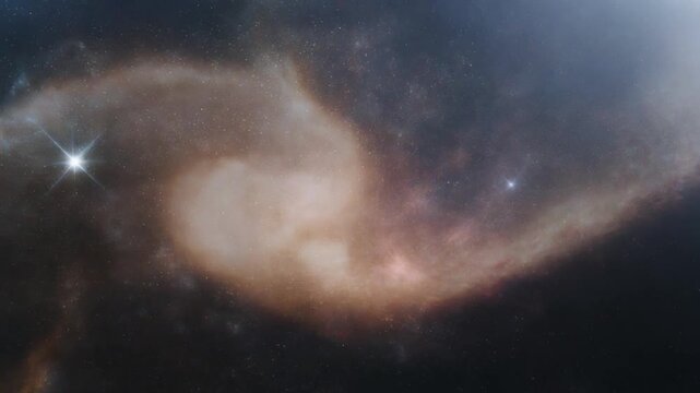 A sweeping cosmic vista reveals a swirling galaxy. Stars and nebulas intertwine in a celestial dance