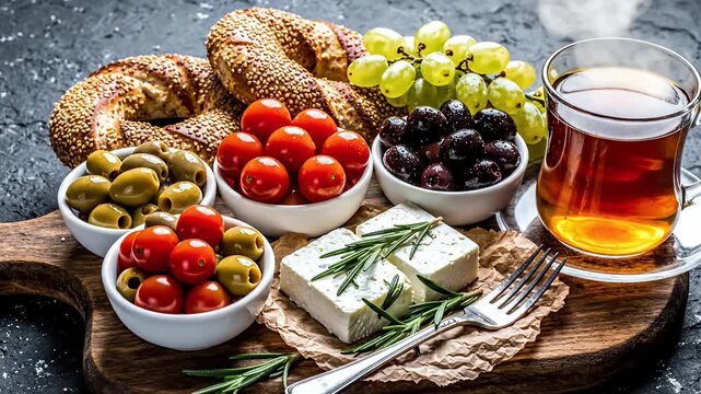 Mediterranean breakfast platter with simit, cheese, olives, grapes and hot tea