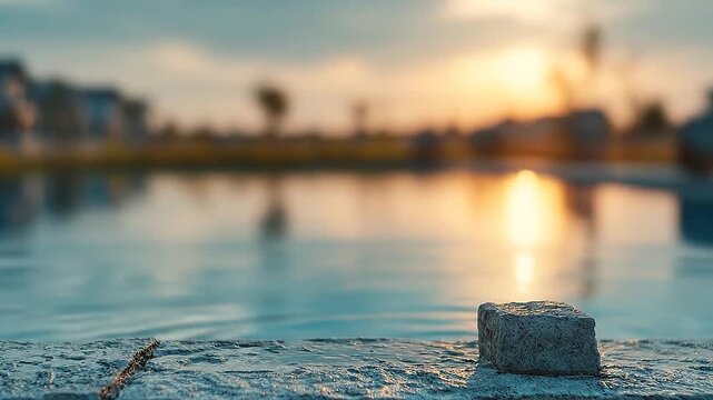 A small rough stone block rests on a wet edge by tranquil water at sunset.