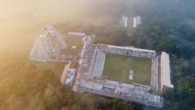 Aerial drone view of Palenque Mayan ruins featuring ancient pyramids and temples surrounded by tropical jungle in southern Mexico
