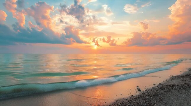 Stunning sunset over a tranquil turquoise ocean with dramatic clouds and gentle waves lapping on a dark sandy beach perfect for travel nature and relaxation themes
