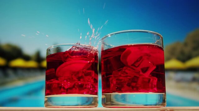 Vermouth Negroni, spanish wine drink, Alcoholic Americano Cocktail bitter, sweet vermouth and soda water, close up of making drink, summer spanish vacations. 