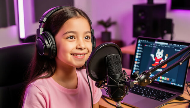Young Girl's Creative Podcast Studio: A young girl, radiating with enthusiasm, engrossed in creating her own podcast, her face aglow with joy as she engages with her microphone.