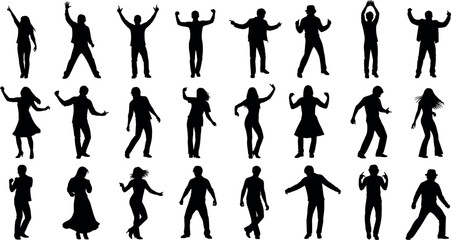 Fototapeta premium Set of twenty four black silhouettes of men and women dancing in various poses isolated on white background for party