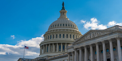Naklejka premium Capitol building. The Capitol building in Washington. Architecture view on dome with column, copy space. Famous Capitol in Washington DC. Washington DC landmark. Senate and House in Washington DC