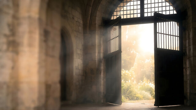 Open Empty Tomb Door with Radiant Light of Resurrection