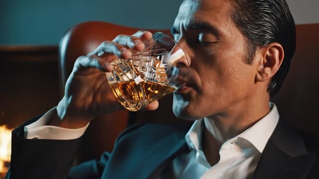 Successful Gents Relaxing with Whiskey by the Fireplace