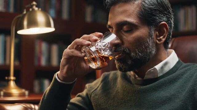 Mature Gents drinking whiskey in a luxurious home library