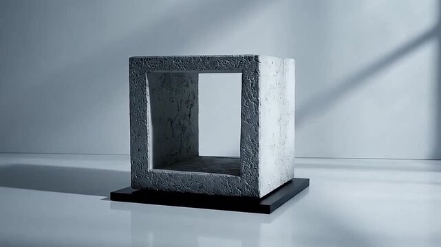 A textured concrete hollow cube sits on a dark base with subtle shadows