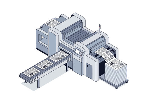 High-tech industrial printing press machine producing newspapers and magazines for mass distribution