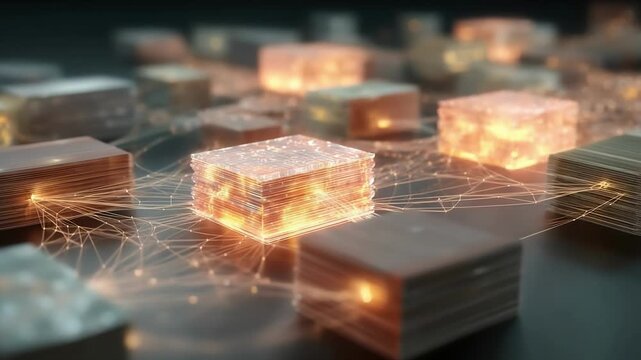 Abstract digital blocks connected by glowing lines, representing blockchain technology, data transfer, networking, and futuristic tech. Modern, innovation, secure, internet, structure, and system