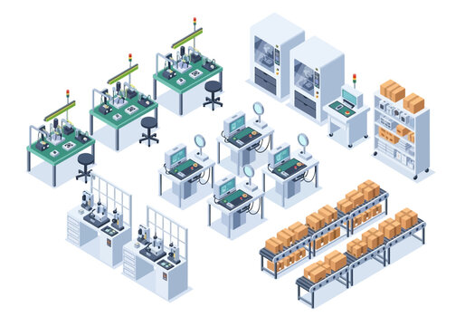 Isometric industrial production line with machinery, workstations, and product storage