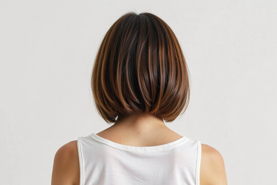 Back view of a woman with short brown hair.