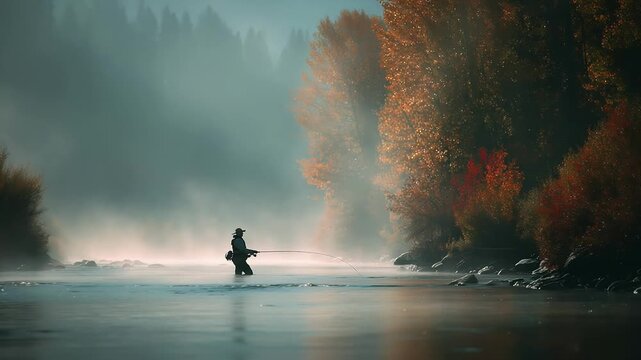 Lone fisherman fly fishing in a misty river surrounded by autumn trees at dawn. Peaceful nature scene, tranquility, reflection, outdoor adventure, silhouette, morning light, and wilderness