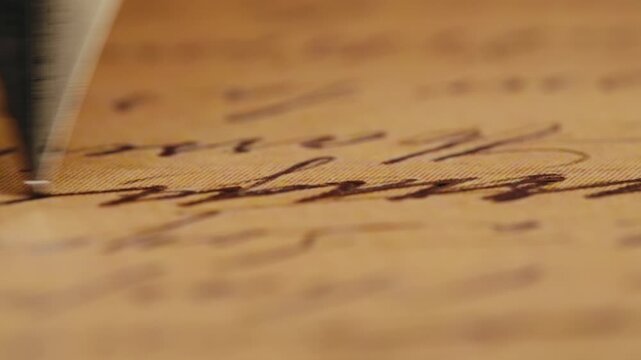 Fountain pen write letter, document sign on an antique handwritten letter. Vintage nib pen and handwritten english cursive style font copperplate, spencerian. Old history background. Retro style.