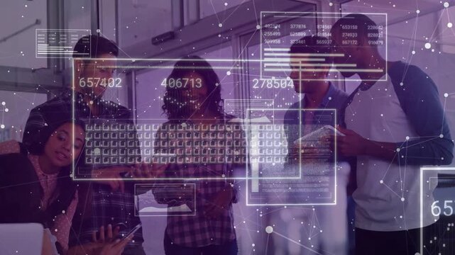 Office team of six huddling, lead raising phone and passing phones while HUD updating over screens