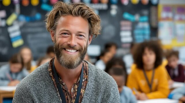Smiling male teacher with beard in a classroom with children in the background. Education, school, teaching, positive learning environment, mentor, diverse students, knowledge, and support